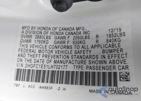 2020 Honda Civic Si Sedan from USA, damaged, VIN 2HGFC1E51LH702177